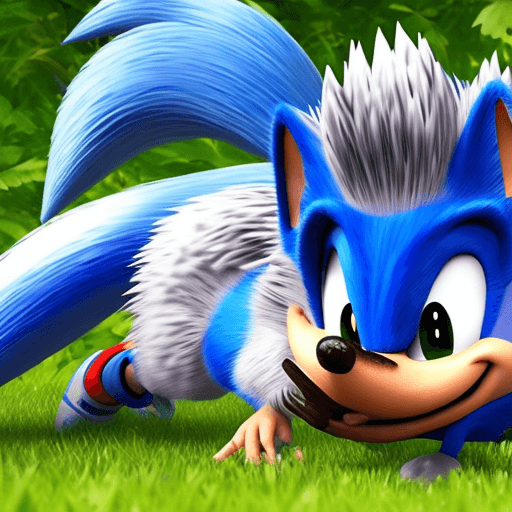 AI generated: Blue Sonic the hedgehog lies on grass and eats chilli dog 8k