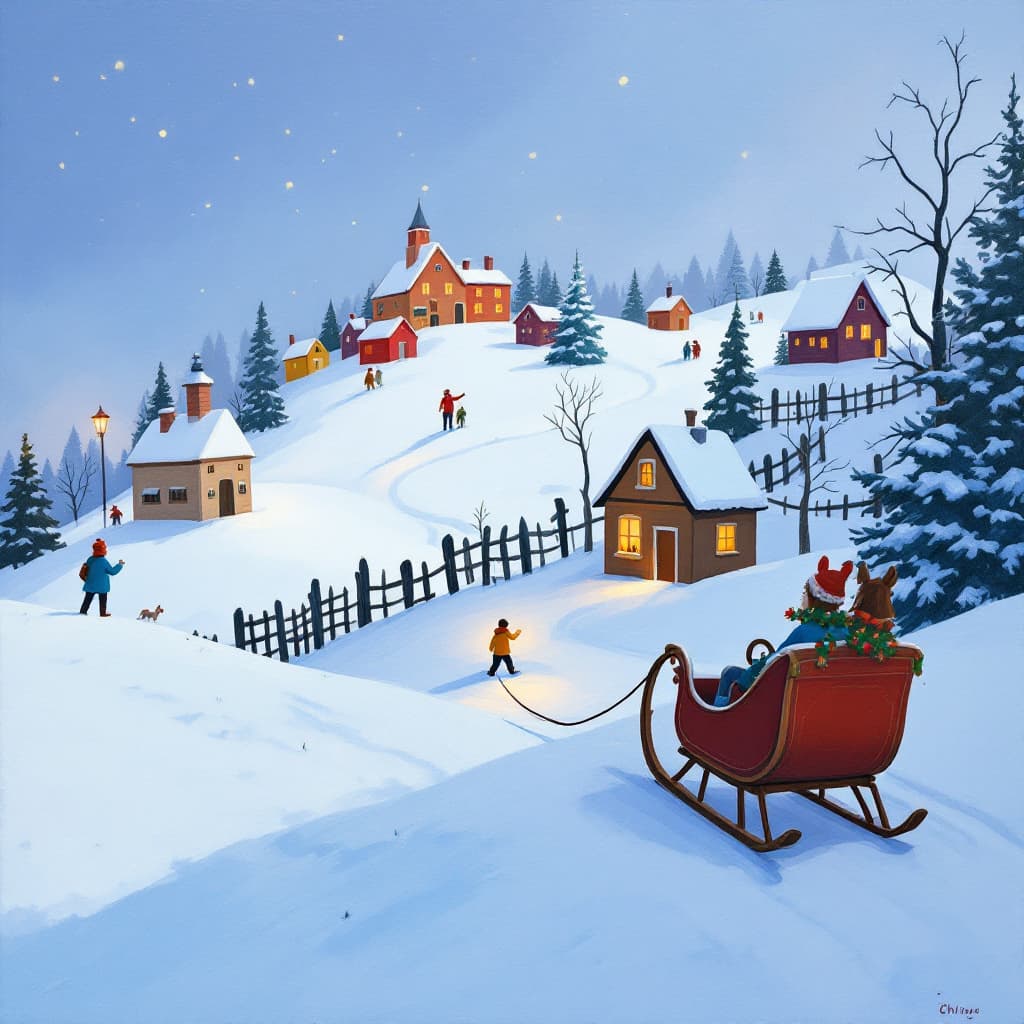 AI generated: a painting of a snowy village with houses and a sleigh on a hill with a horse drawn sleigh, Chris Wa...