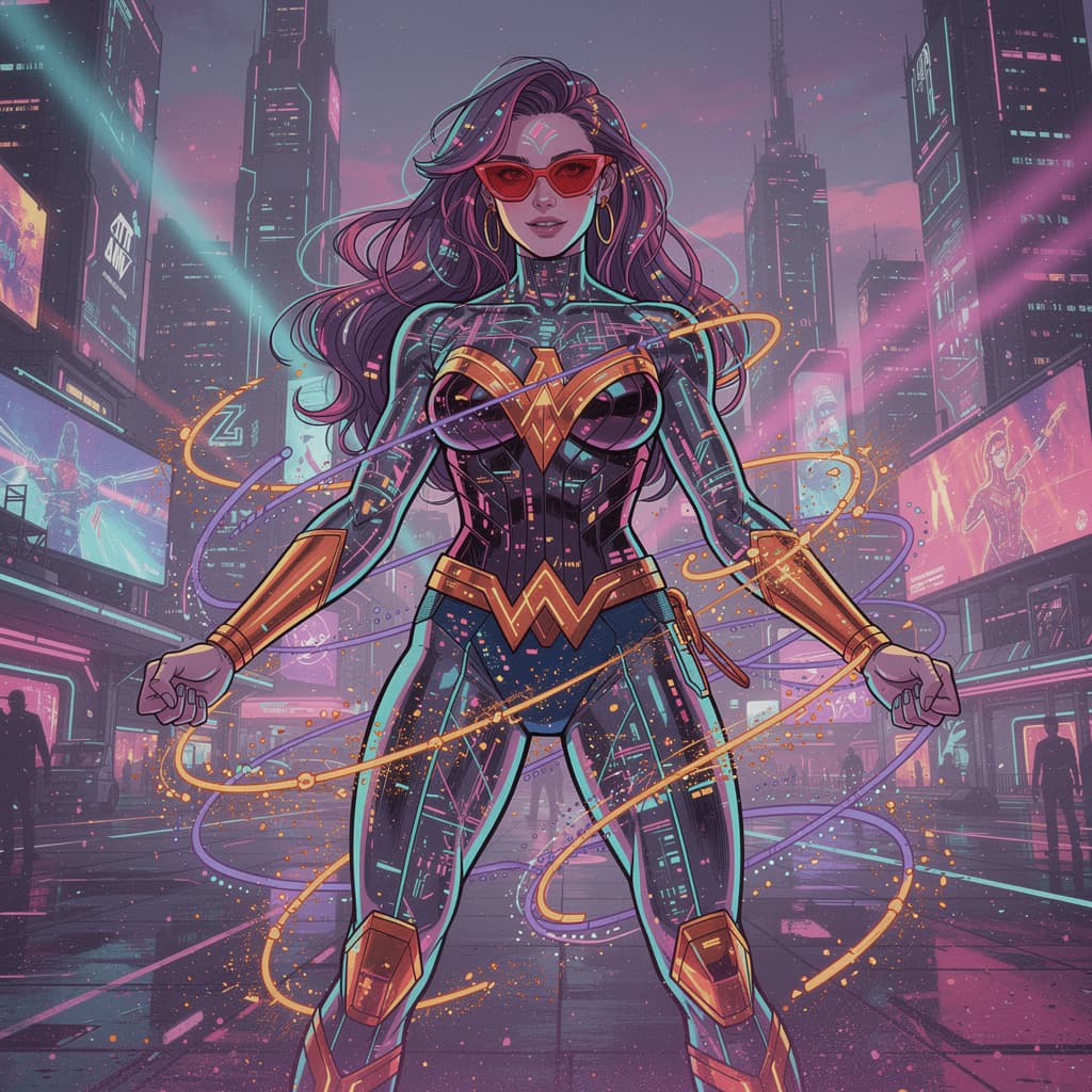 AI generated: a full body bio limerent woman looking at viewer, Futuristic retro vaporwave,wonder women, (futurist...