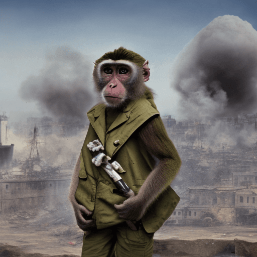 AI generated: hyperrealistic monkey smoking cigarettes during war, he is sittin on big bombs, in the background ta...