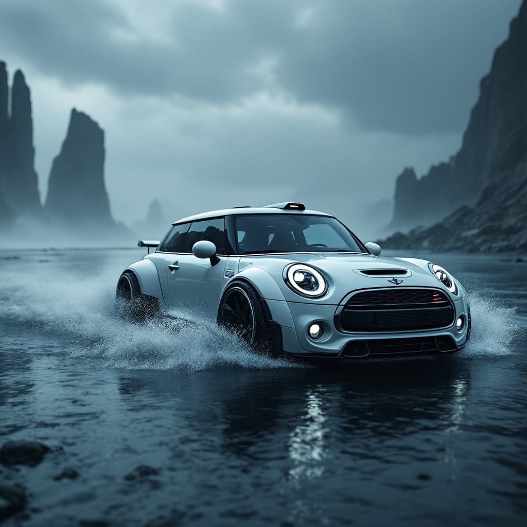 AI generated: a white MINI Cooper S ,car driving through water, in the style of futuristic spacecraft design, eeri...