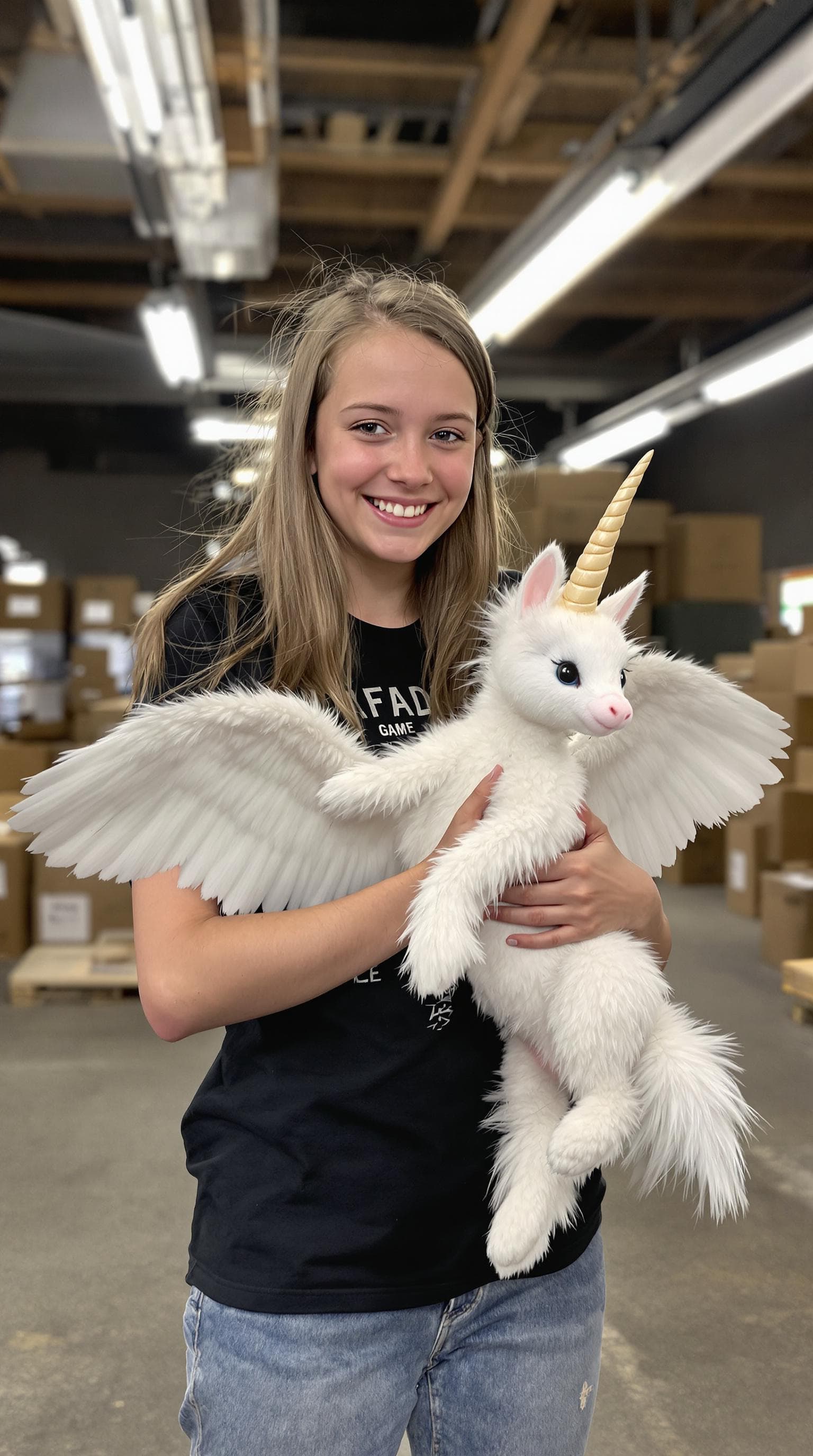 AI generated: A young Caucasian girl, aged 13-15, smiles joyfully while cradling a small winged unicorn with hyper...