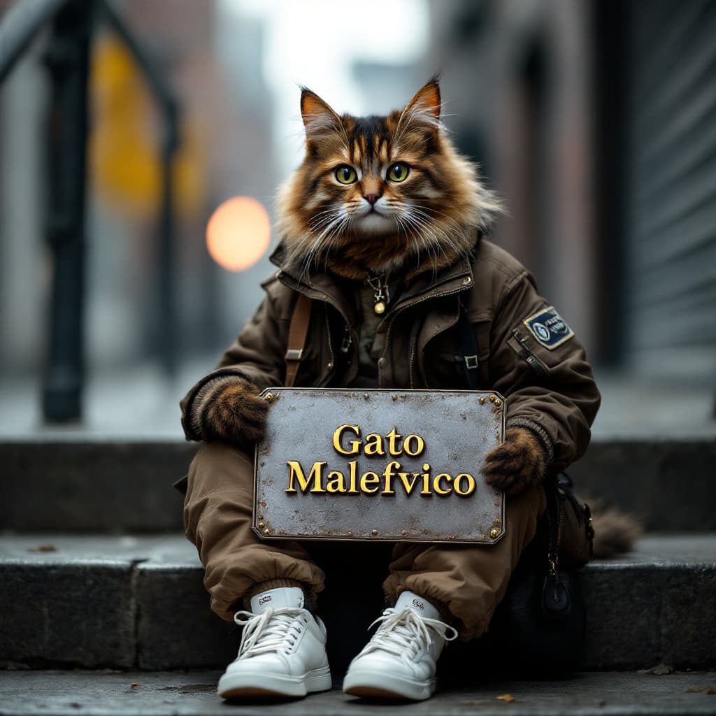 AI generated: anthropomorphic, a cat named ”street style KOL kitty” wearing dark brown flight jacket, holding a Fl...