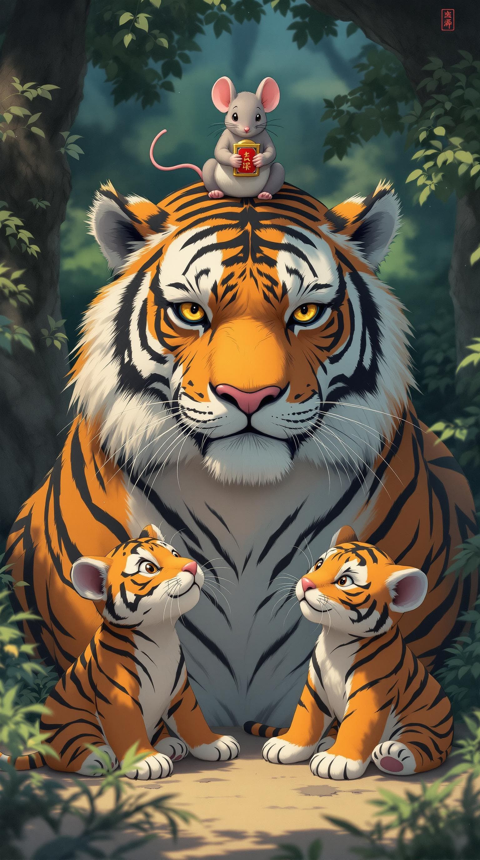 AI generated: a tiger and two tiger cubs, and a oversized mouse ,with a mouse on the tiger's head, the mouse holdi...