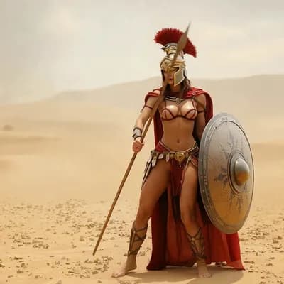 AI generated video: the woman throws the spear away from herself to hit an enemy