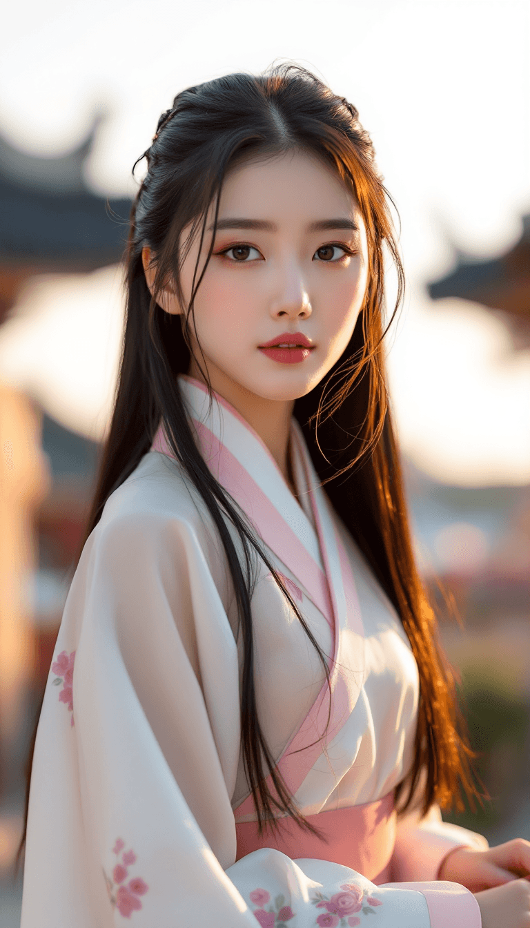 AI generated: /imagine prompt: A striking Korean woman with pale, porcelain skin, straight jet-black hair framing ...