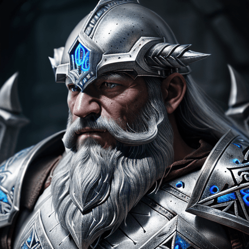 AI generated: High resolution photo portrait, grey skin dark dwarf fighter, shiny silver heavy armor, large battle...