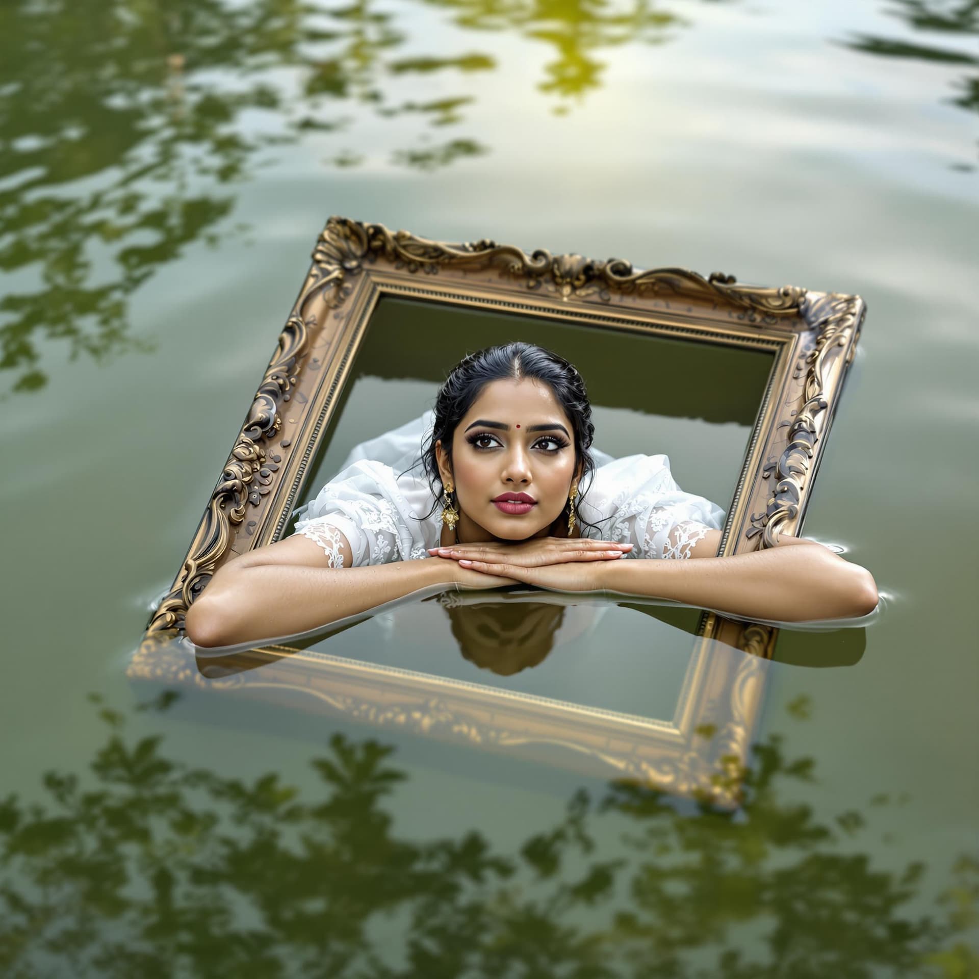 AI generated: A visually captivating photograph shows a Kerala woman submerged in water up to her shoulders, hair ...