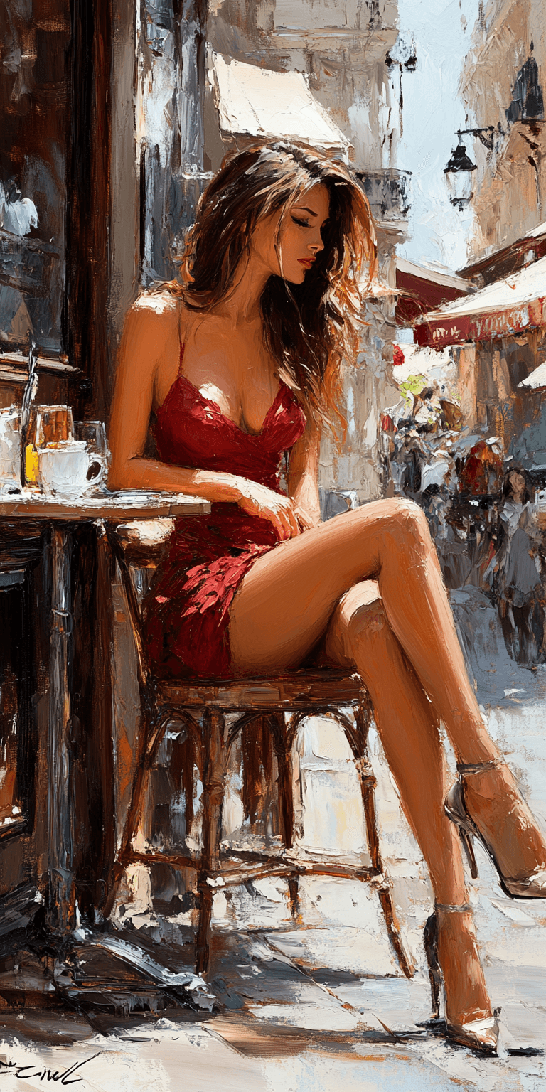 AI generated: oil painting on canvas of a beautiful woman in a red dress sitting at a table outside a Parisian caf...