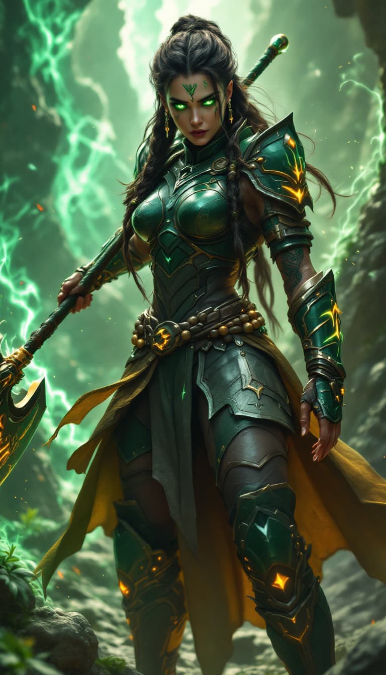 AI generated: An ultra-realistic, full-body action shot of an imposing emerald guardian woman, exuding strength an...