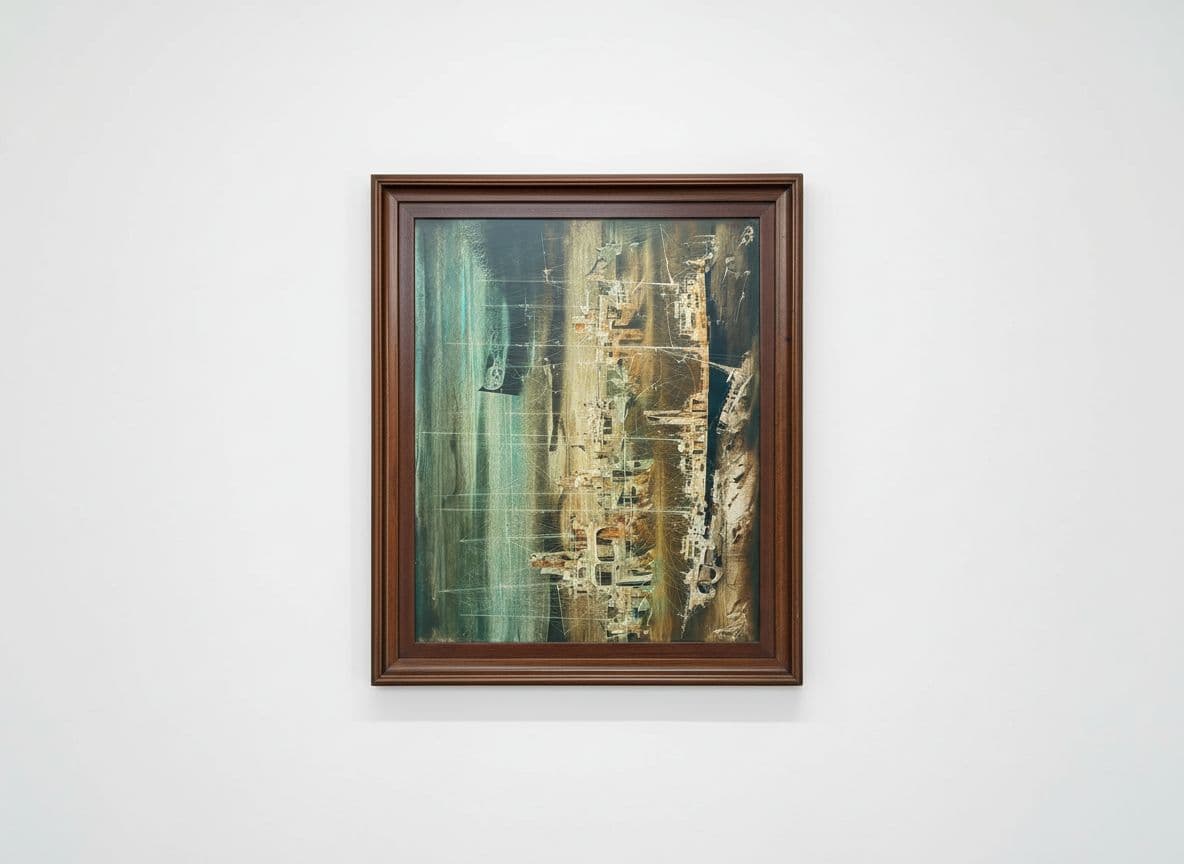AI generated: make this painting be the center of a close up, studio photo in a whitewall gallery setting