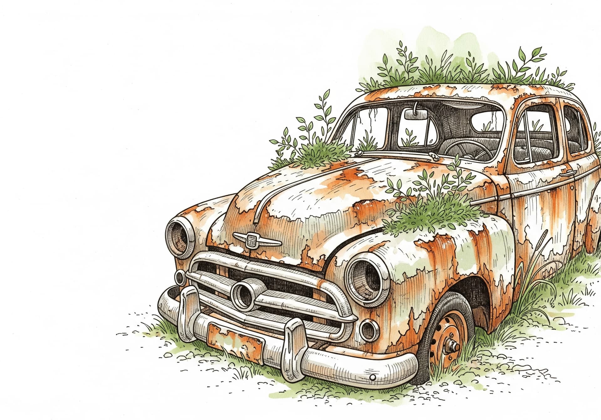 AI generated: A detailed ink drawing of an old, rusting car being reclaimed by nature. The style is reminiscent of...