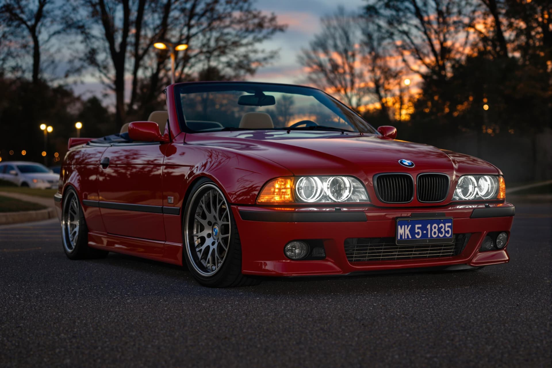 AI generated: dark red bmw e39 M5 convertible, lit angel eyes, cinematic, hyper realism, high detail, 8k, front 3/...