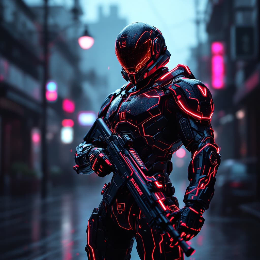 AI generated: Futuristic soldier with advanced armor, weaponry, and helmet, neon red, street, overcast, reflection...