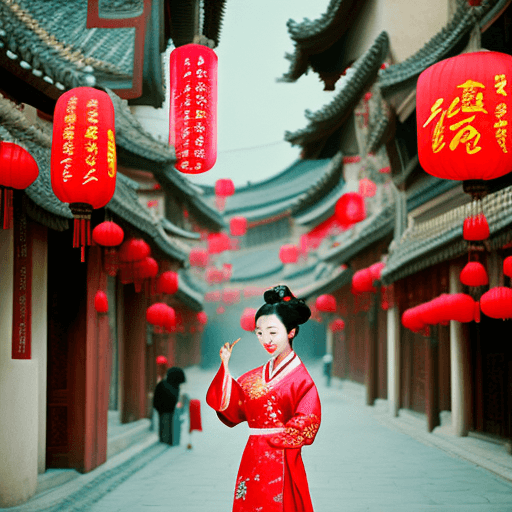 AI generated: realistic beautiful Chinese girl , beautiful eyes long nose+ red lips ,smiling in luxurious Hanfu wa...