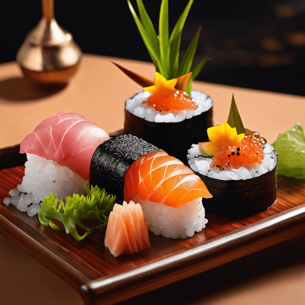 AI generated: Capture a close-up shot of a mouth-watering beautifully arranged sushi and sashimi, honey & soy, exu...