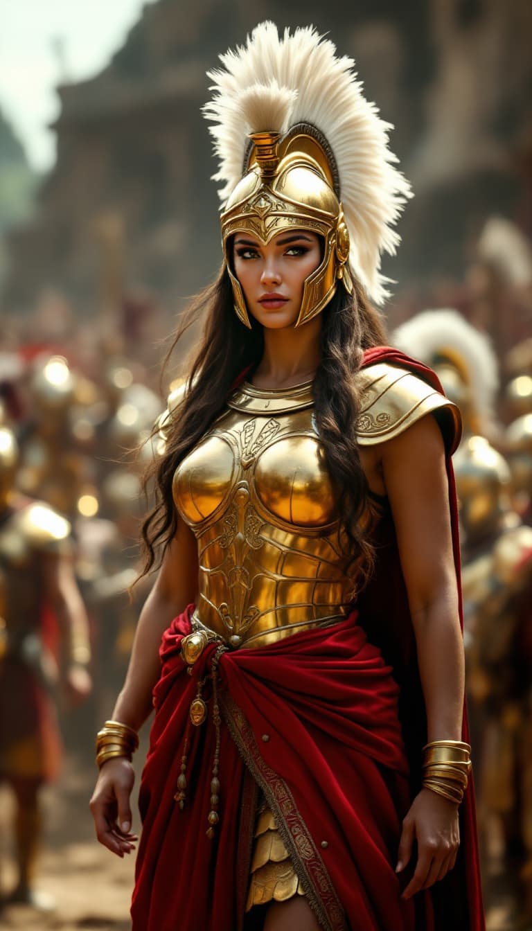AI generated: Front view, hyper-realistic, full-length shot. Visualize an epic scene depicting a legendary female ...