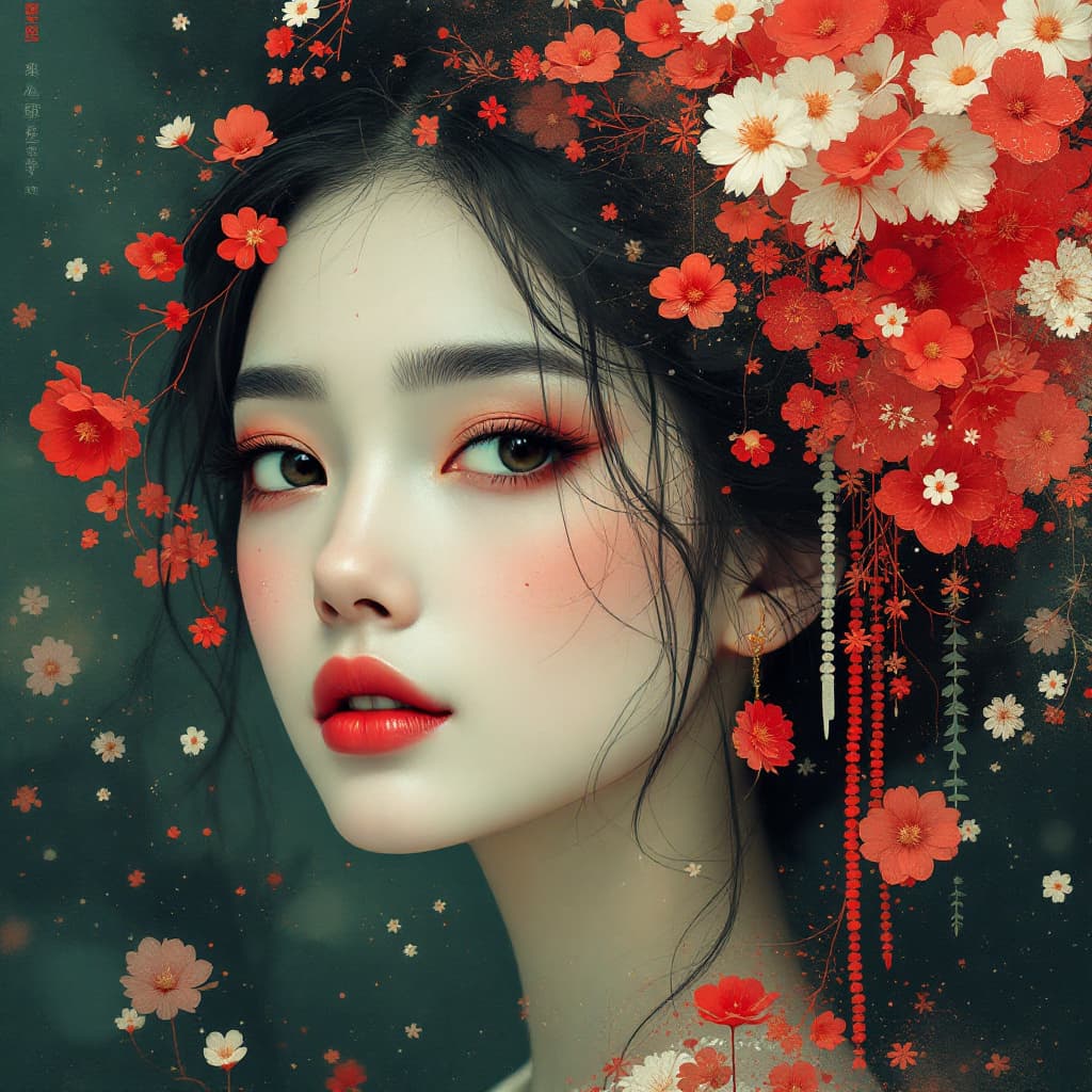 AI generated: a green, white, and red oriental painting, feminine beauty, in the style of botanical impressions, m...