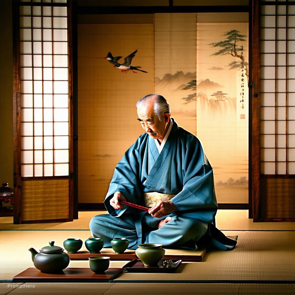 AI generated: An elderly 75-year-old Japanese tea master, dressed in traditional kimono and performing a precise t...