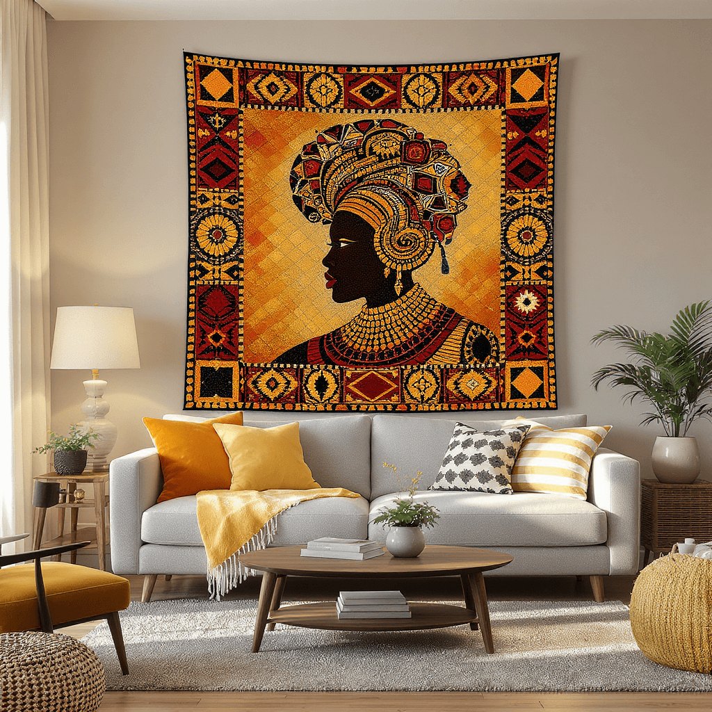 AI generated: 4k hd high definition acrylic quilted image of an african themed living room


