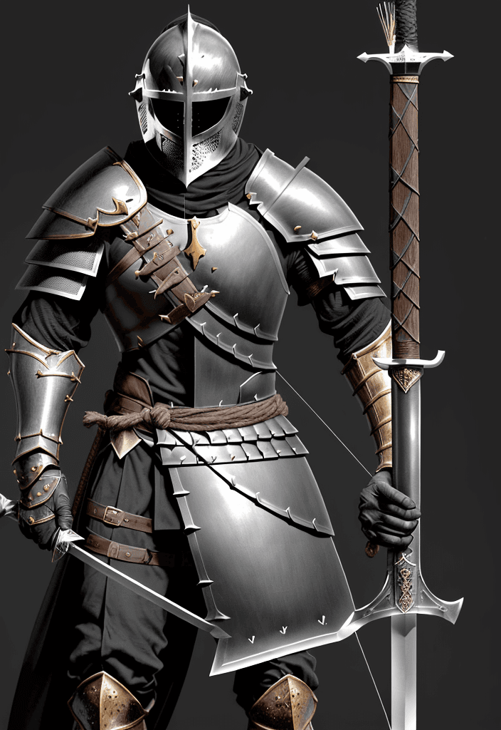 AI generated: rhadhan: a knight with a hole in his black armor in the heart position, with a slightly larger than ...
