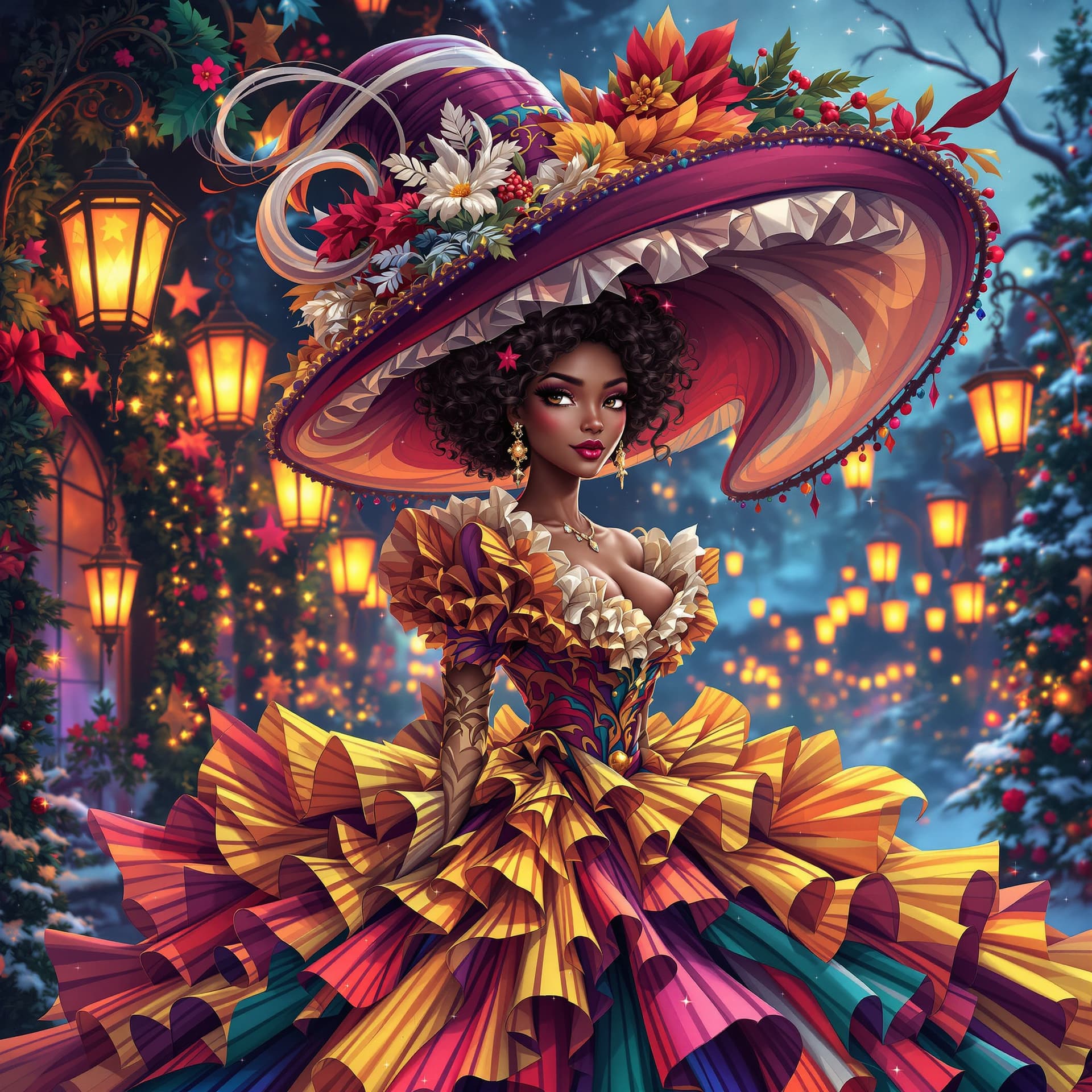 AI generated: close-up of a fantastical African American Victorian lady in an extravagant flowing gown, vibrant sa...