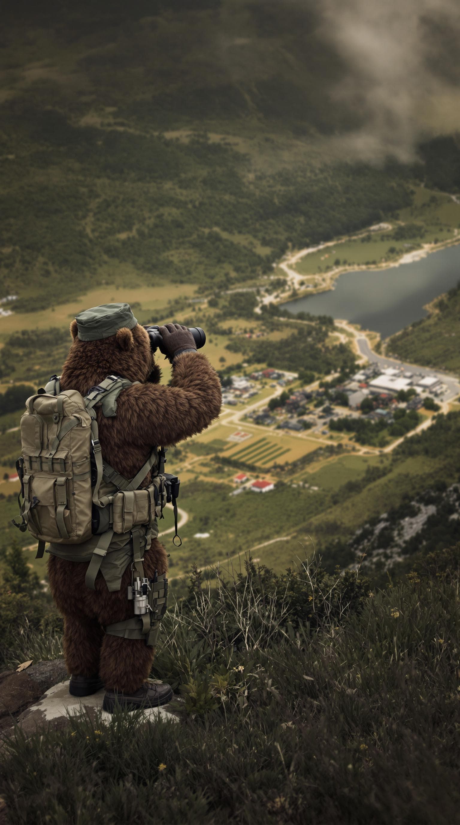 AI generated: hyper realistic photo of a brown bear wearing an army uniform, stood on a hill looking through a pai...