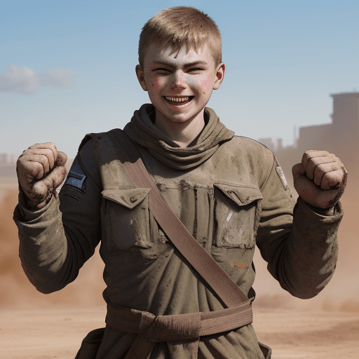 AI generated: The Russian rebel hero stands in a fighting pose, covered in dirt, with a runny nose and a cheerful ...