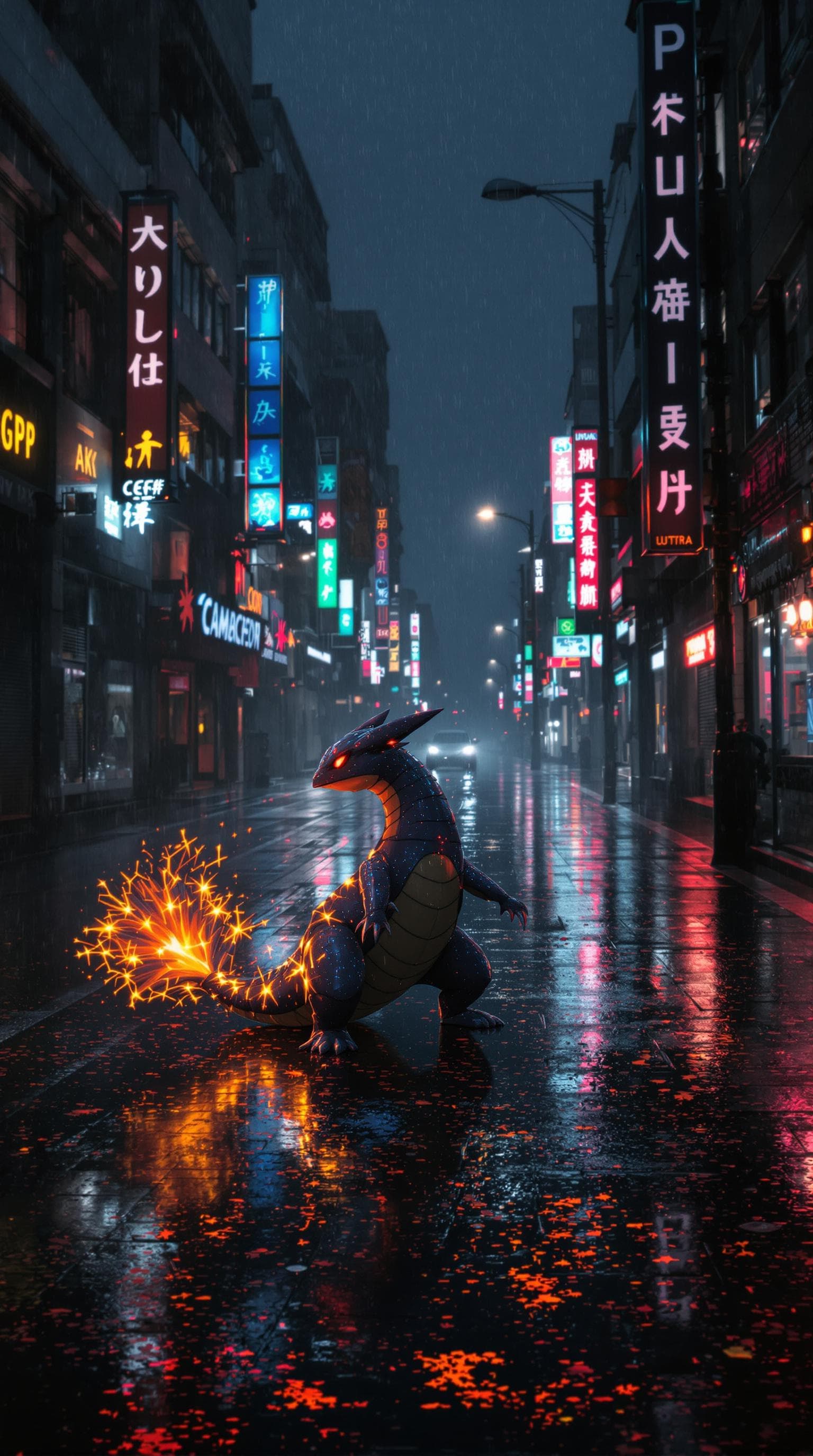 AI generated: Charmeleon Pokémon In a dark rainy Dystopian city in the rain, on an empty street. Neon lights in th...
