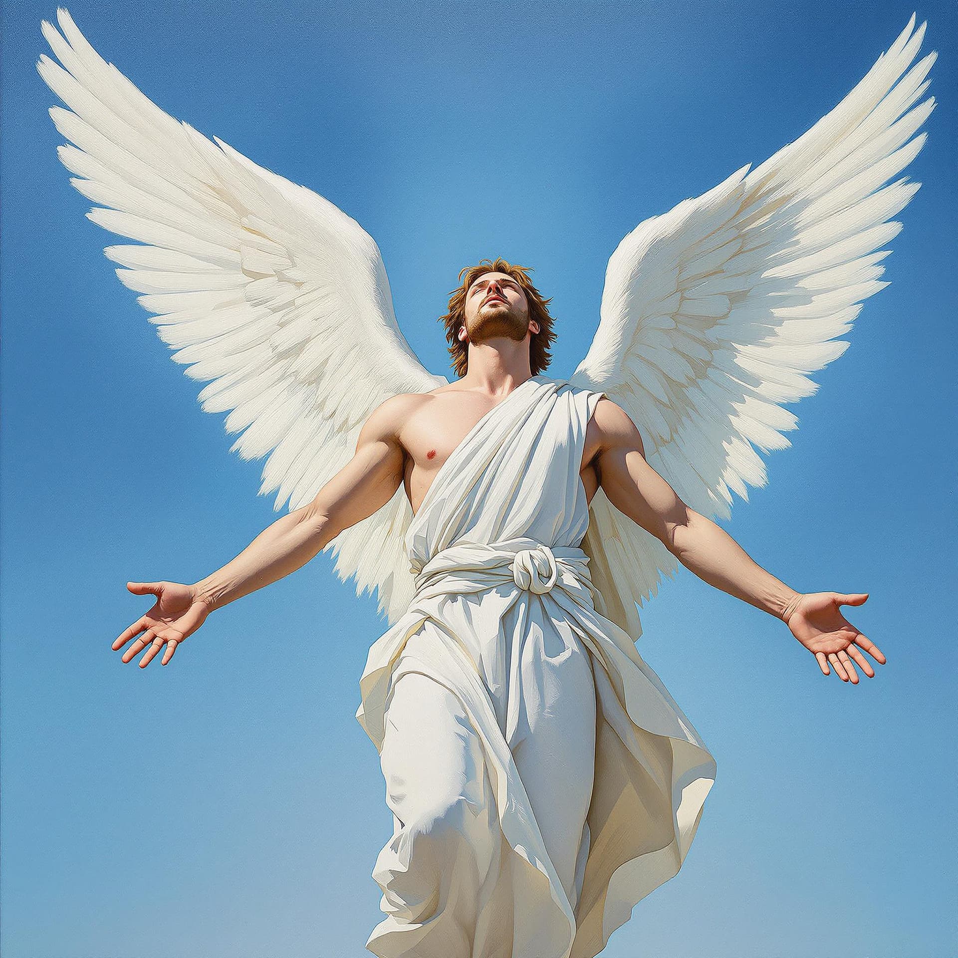 AI generated: An artist's oil painting of a masculine male, a strong angel, light brown hair, a clean-shaven face,...