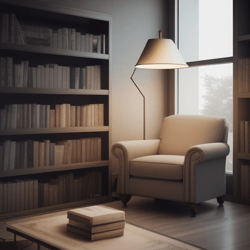 AI generated: Cozy interior corner, modern library with armchair and incredible lamp, neutral color, natural light...