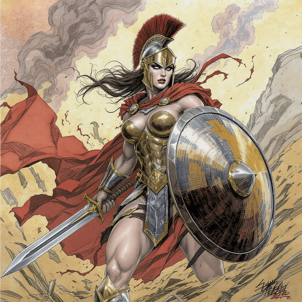 AI generated: Comic book realistic illustration, full body shot of a young gorgeous Spartan woman with thick aesth...