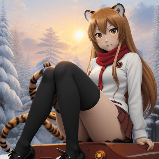 AI generated: toradora, taiga aisaka, anime, sit on tank, winter red school uniform, hand holding head, high detai...