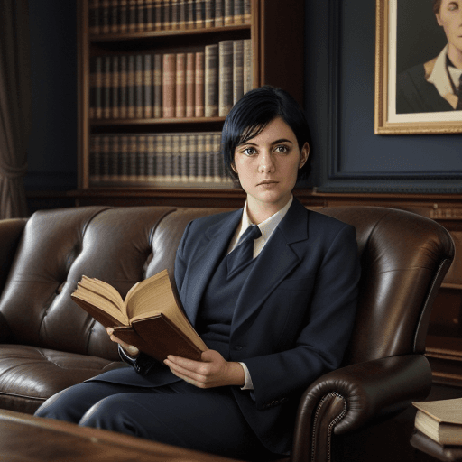 AI generated: a realistic portrait of a lawyer doing his reading, short black hair, classic navy blue suit, antiqu...