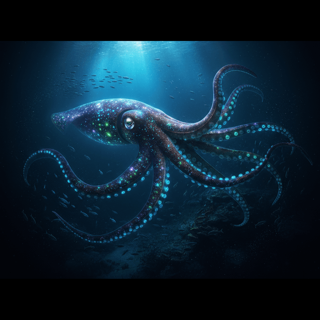 AI generated: "A giant squid in the deep sea — wide shot, glowing bioluminescent spots piercing darkness"