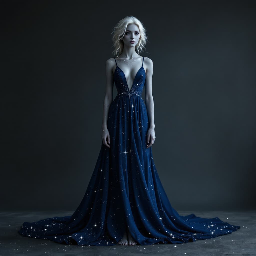 AI generated: Full body image 20 year old princess with Grey skin, with white freckles like stars, white hair with...