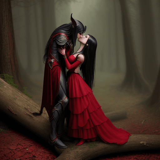 AI generated: 2 female dark elf, wearing red dress, standing up on a fallen tree, and kissing each other