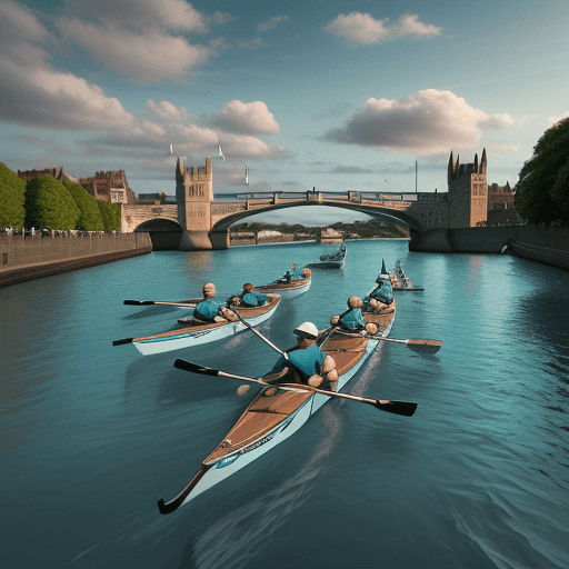 AI generated: Cartoon graphic of ultra realistic racing boat with four stick figure rowers wearing teal bucket hat...