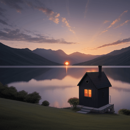 AI generated: Small black house in front of the lake, sunset, around the florest, two windows, beautiful sky, high...