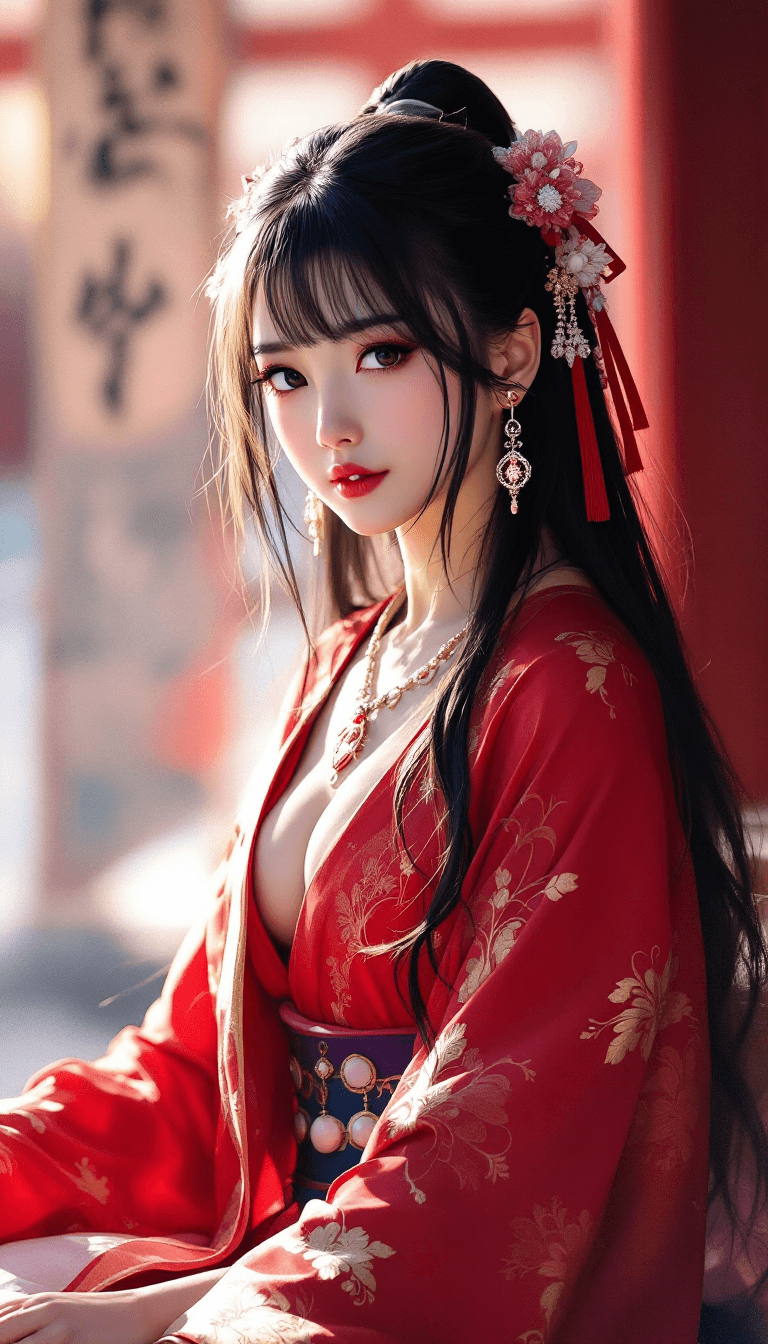 AI generated: OBxiaoxiang, inksplash portrait of stunning oriental princess stting outside shinto shrine, long hai...