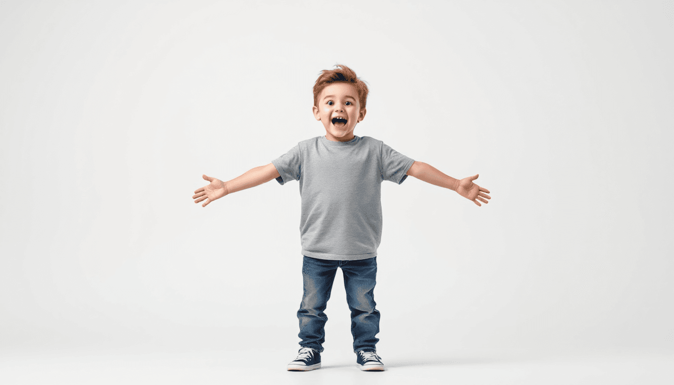 AI generated: A realistic 4D full-length photograph of an excited 5 year old boy standing in t-pose in jeans and s...