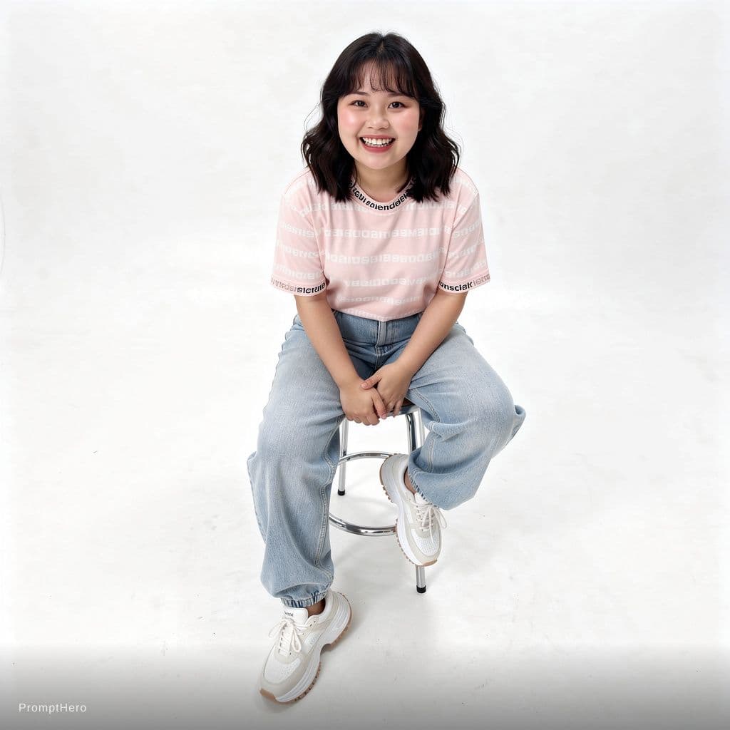 AI generated: A highly detailed, photorealistic, cinematic high-angle full-body studio shot of a cute and stylish ...