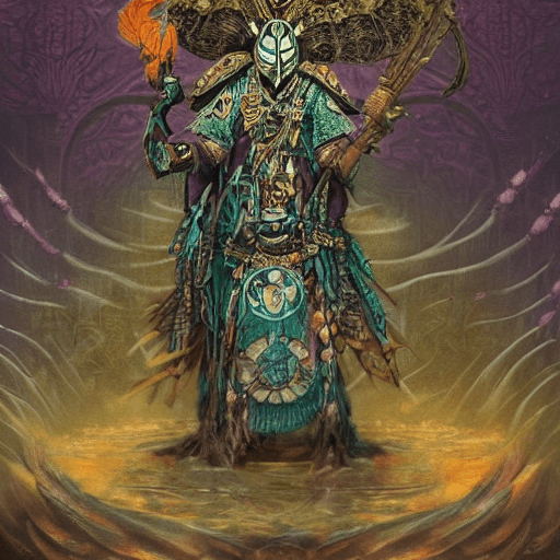 AI generated: a shaman of frogs with an asian armor and with lots of water lilies , there is a stone toad on the V...