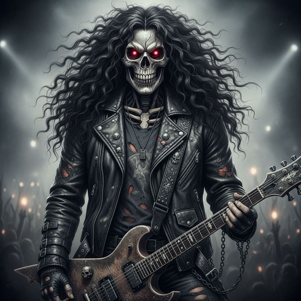 AI generated: Portrait of a Metal Guitar:4 hero skelton face with leather clothes and very long curl hairs