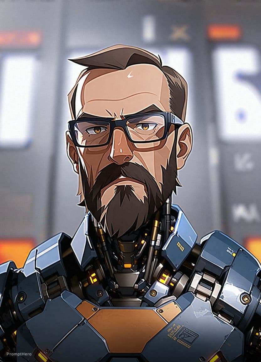 AI generated: High quality portrait of Gordon Freeman from HL2. Art by Makoto Shinkai, Crunchyroll, pixiv, danboor...