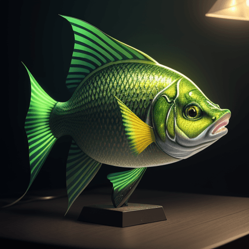 AI generated: Fish on the table with the design and character of Hulk The fish is gold and green dark, no watermar...