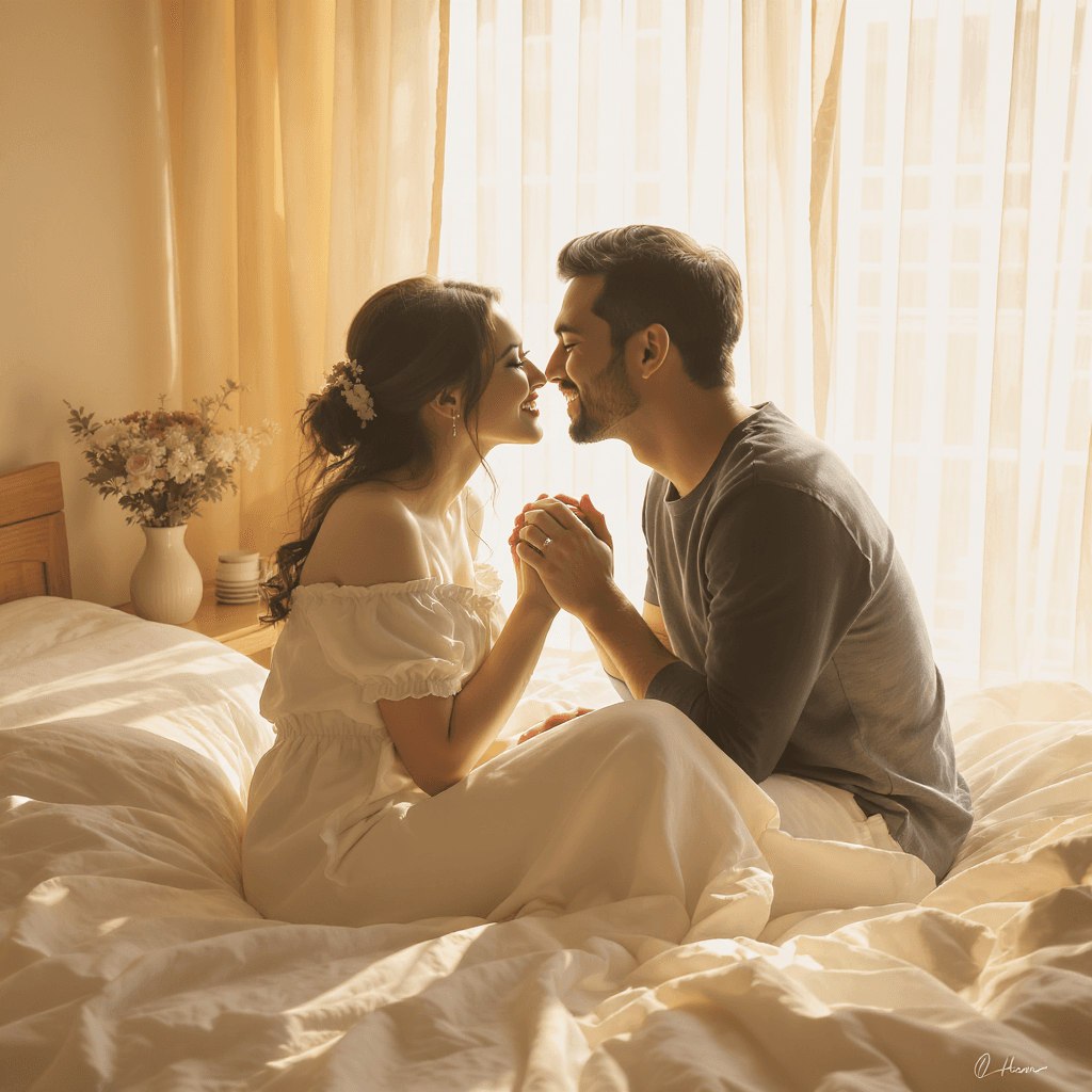 AI generated: A tender, romantic indoor moment between a couple in soft morning light, sitting on a cozy bed with ...