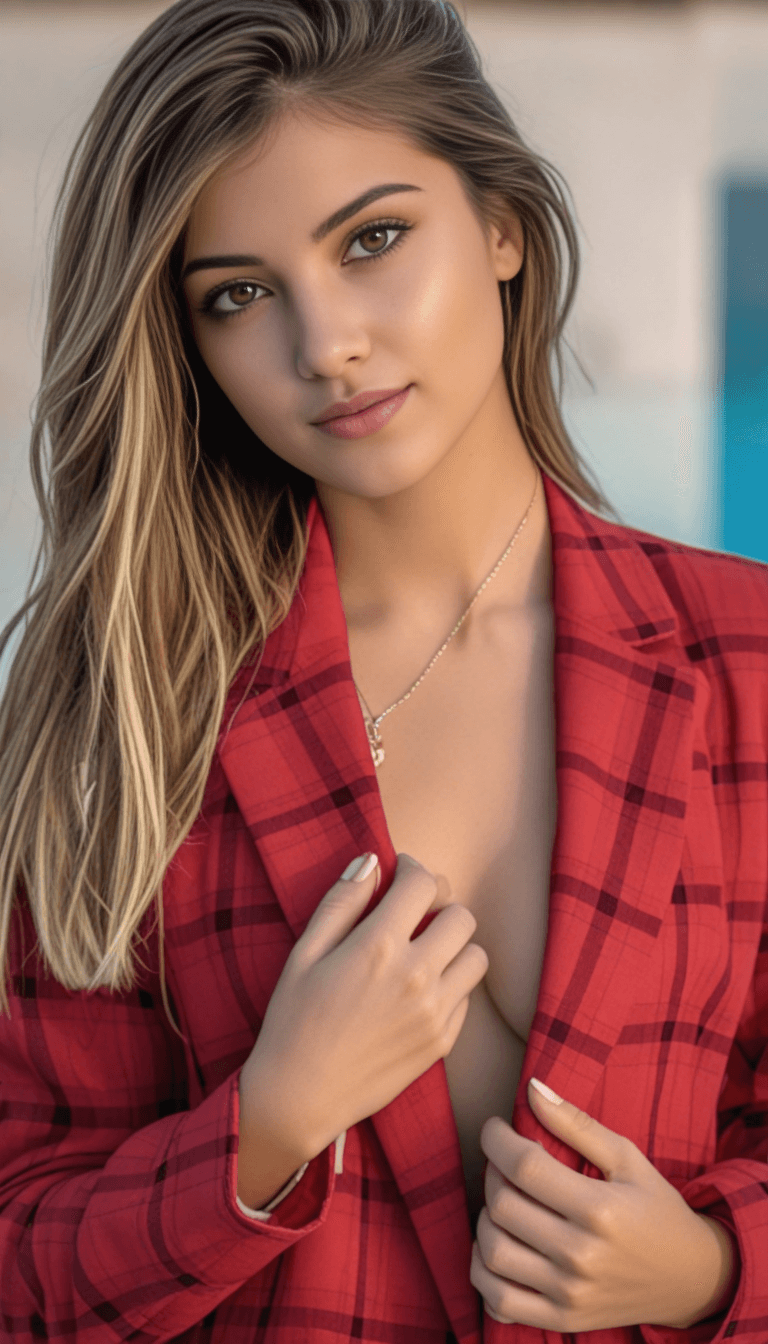 AI generated: A woman with long straight light brown hair, wearing a red plaid blazer, holds the lapels with both ...