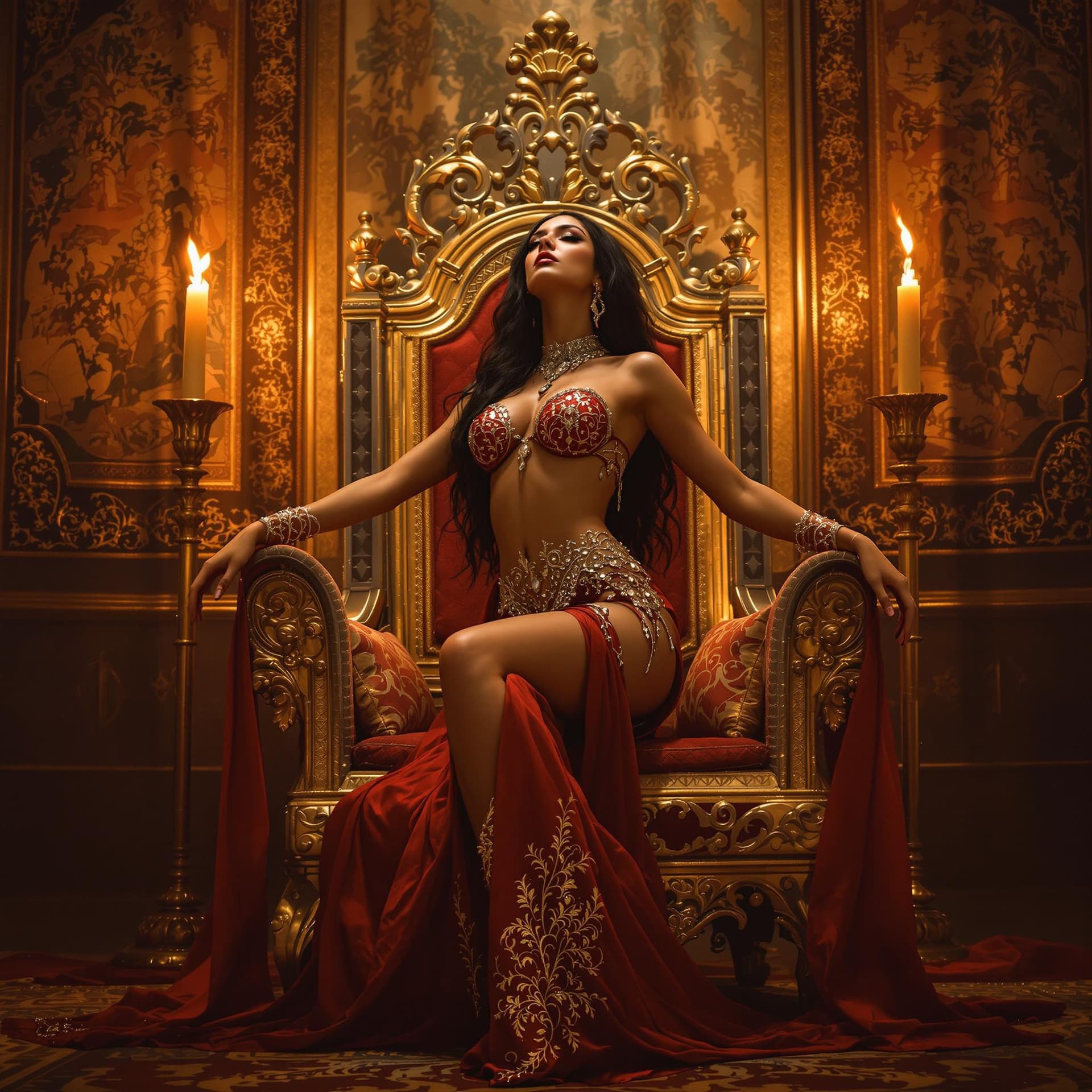 AI generated: A stunning 25-year-old belly dancer arches achingly backwards deep green eyes shining Long dark rave...