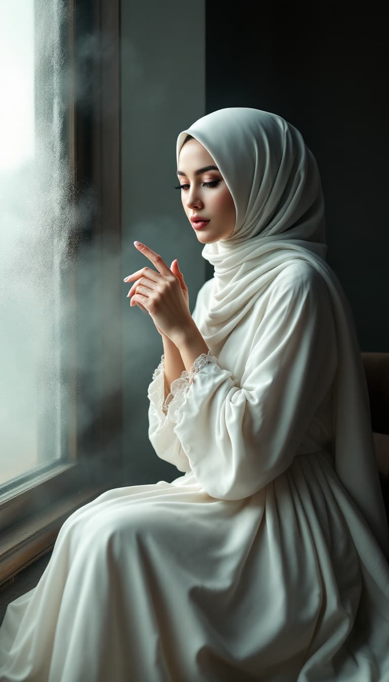 AI generated: The woman sits, elegant and distant, hands folded
A beautiful girl with lovely eyes, wearing a nosta...